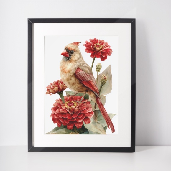 Watercolor Female Cardinal Bird with Flowers Wall Art Print Unframed - Picture 3 of 6